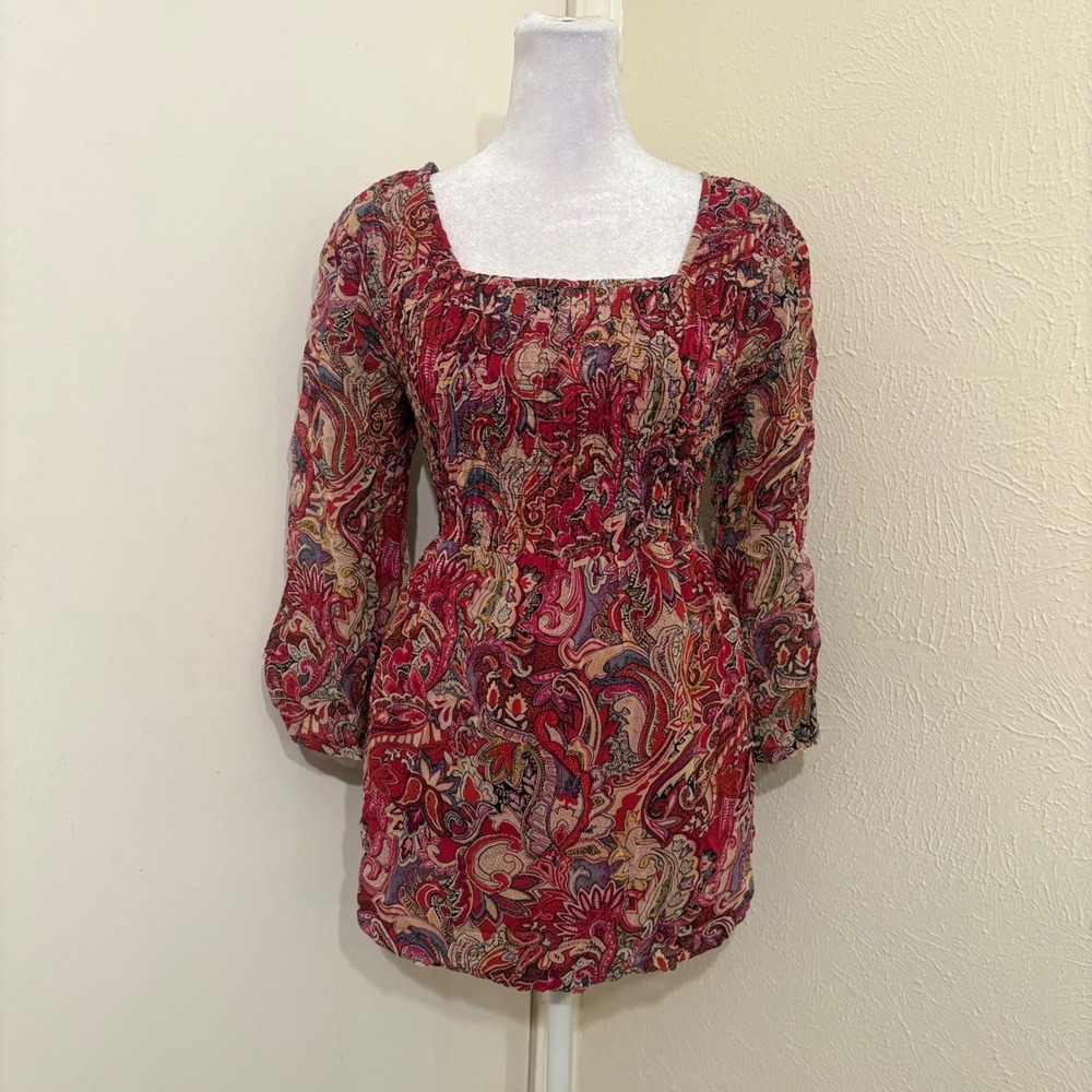 Oh! Mamma Babydoll Maternity Blouse Red Paisley Smocked Square Neck Boho Sz L
